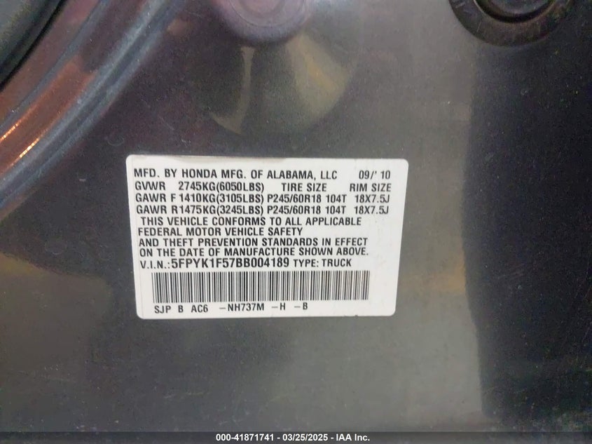 2011 HONDA RIDGELINE VIN: 5FPYK1F57BB004189