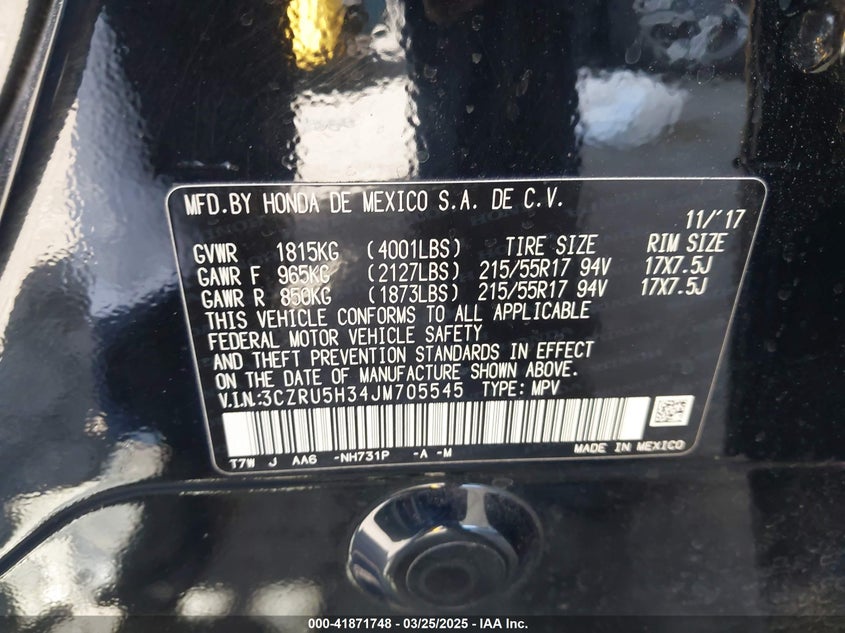 2018 HONDA HR-V VIN: 3CZRU5H34JM705545