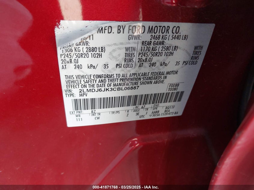 2012 LINCOLN MKX VIN: 2LMDJ6JK3CBL06887
