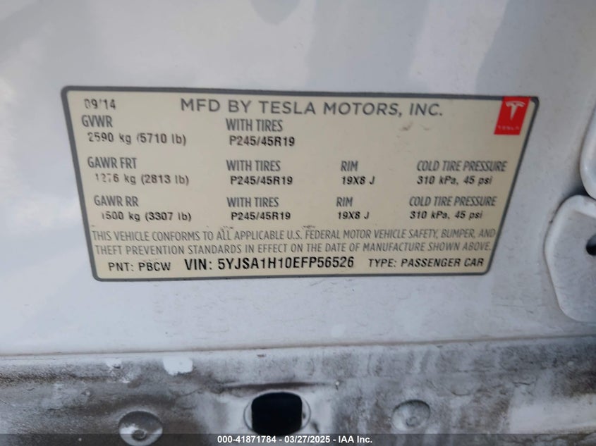 2014 TESLA MODEL S VIN: 5YJSA1H10EFP56526
