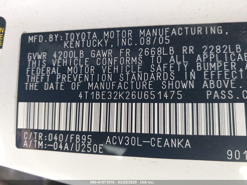 2006 TOYOTA CAMRY VIN: 4T1BE32K26U651475