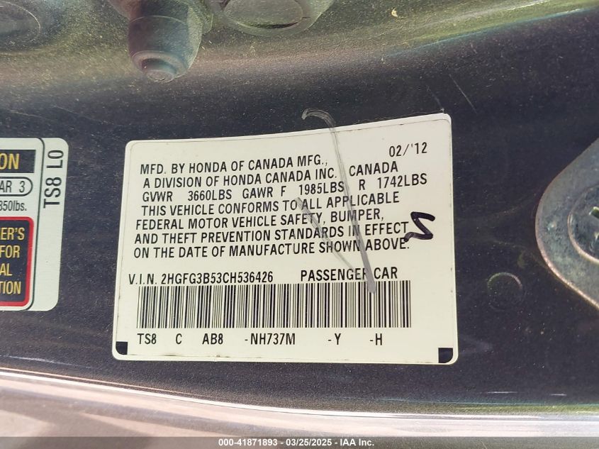 2012 Honda Civic Lx VIN: 2HGFG3B53CH536426 Lot: 41871893