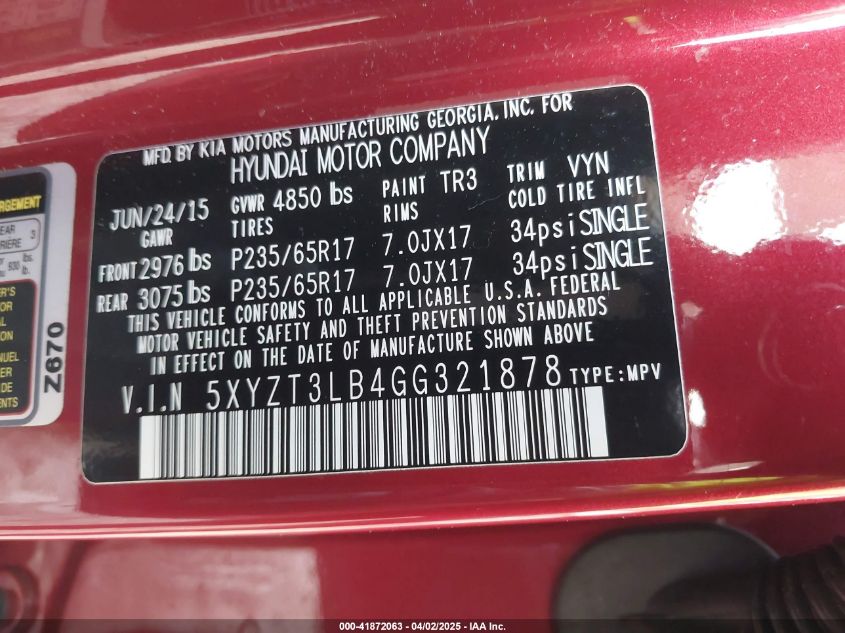 2016 Hyundai Santa Fe Sport 2.4L VIN: 5XYZT3LB4GG321878 Lot: 41872063