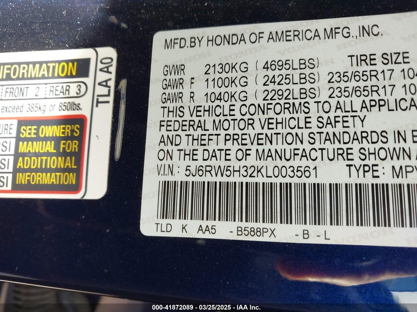 2019 HONDA CR-V LX - 5J6RW5H32KL003561