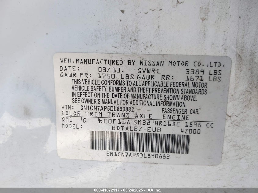2013 NISSAN VERSA VIN: 3N1CN7AP5DL890882