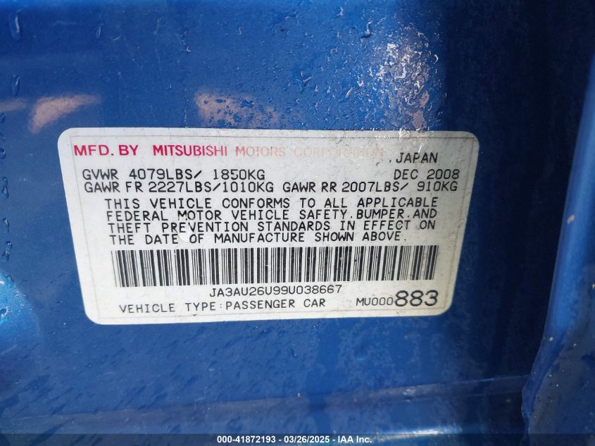2009 Mitsubishi Lancer Es/Es-Sport VIN: JA3AU26U99U038667 Lot: 41872193