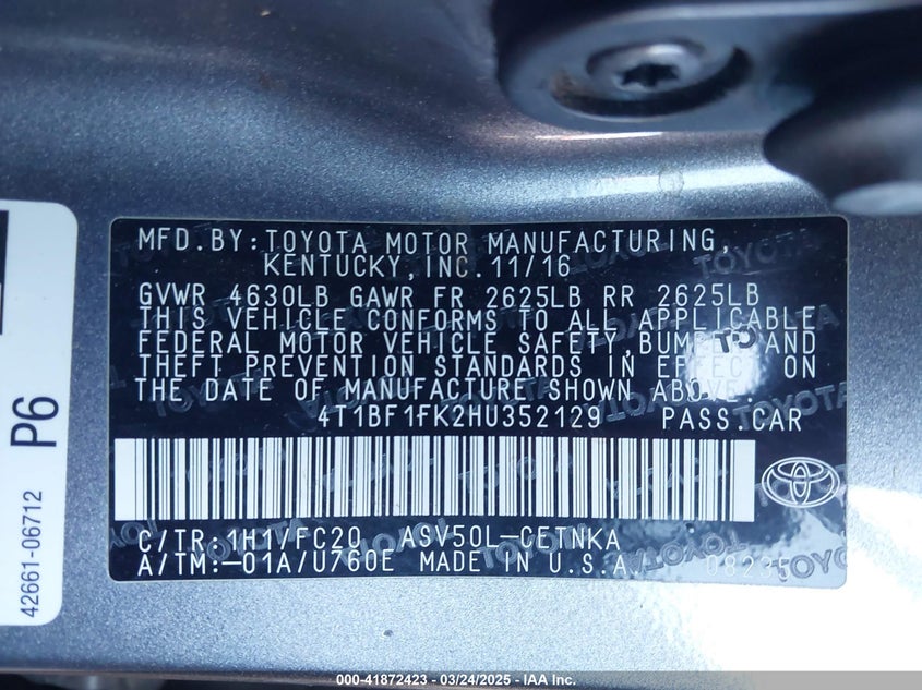 2017 TOYOTA CAMRY VIN: 4T1BF1FK2HU352129