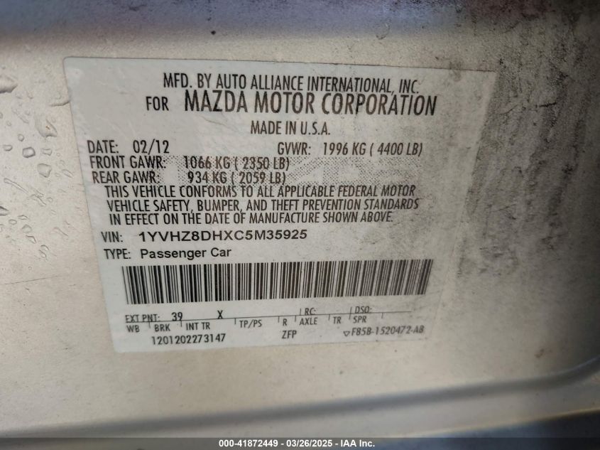 2012 Mazda Mazda6 VIN: 1YVHZ8DHXC5M35925 Lot: 43233395