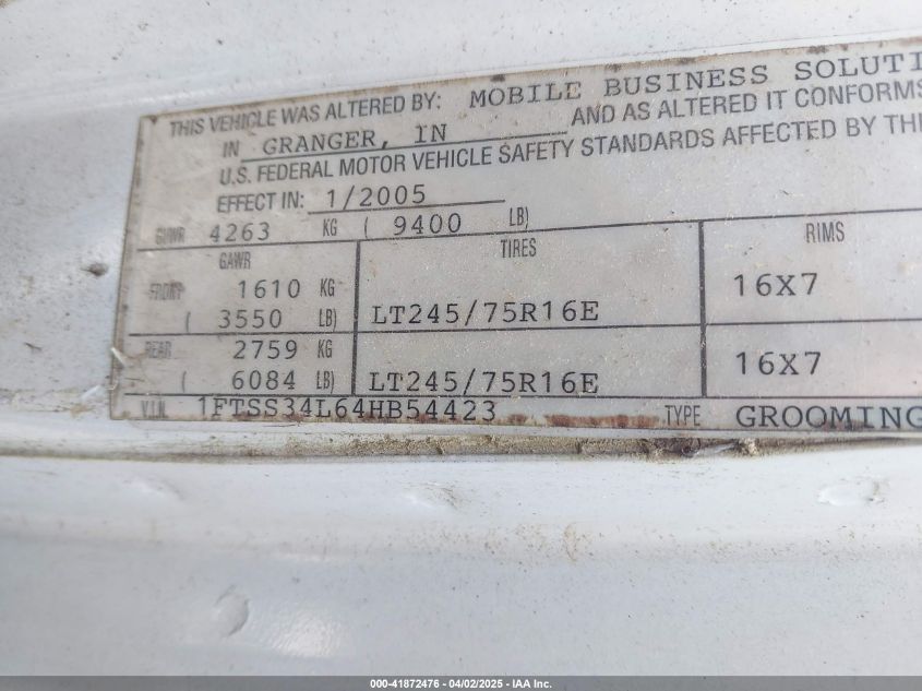 2004 Ford E-350 Super Duty Commercial/Recreational VIN: 1FTSS34L64HB54423 Lot: 41872476
