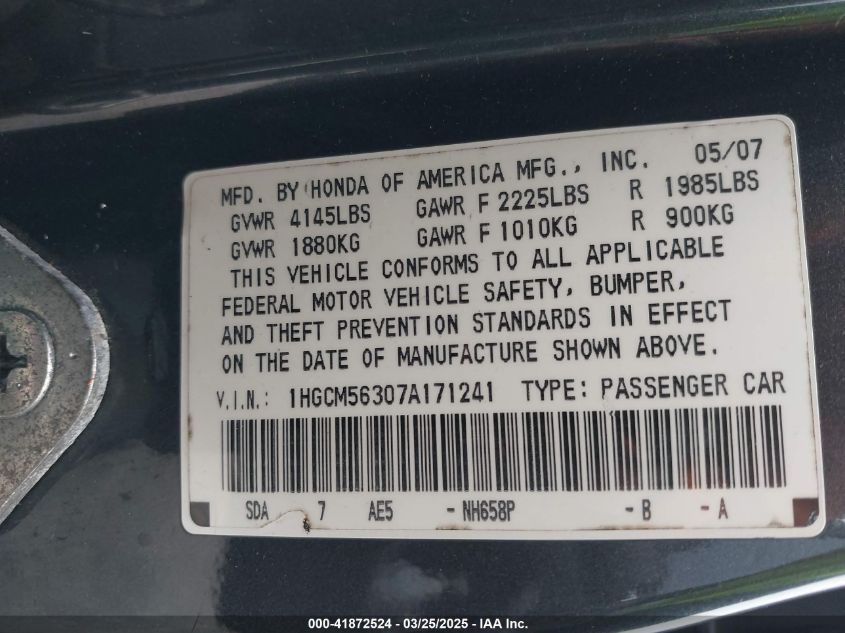 2007 Honda Accord 2.4 Se VIN: 1HGCM56307A171241 Lot: 41872524