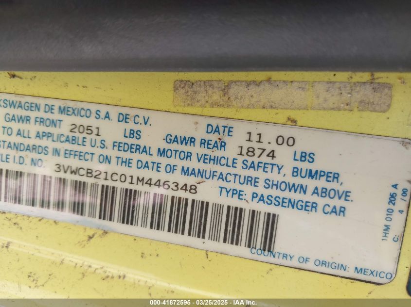 2001 Volkswagen New Beetle Gls VIN: 3VWCB21C01M446348 Lot: 41872595