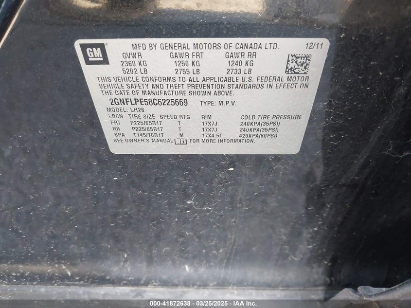 2012 CHEVROLET EQUINOX VIN: 2GNFLPE58C6225669