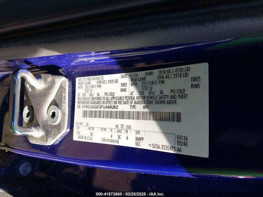 2015 FORD ESCAPE VIN: 1FMCU0GX3FUA68262