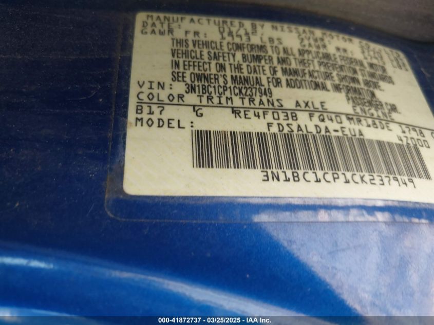 2012 Nissan Versa 1.8 S VIN: 3N1BC1CP1CK237949 Lot: 41872737