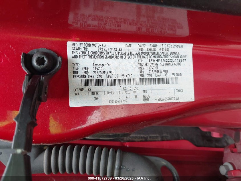 2012 FORD FOCUS VIN: 1FAHP3M22CL442847