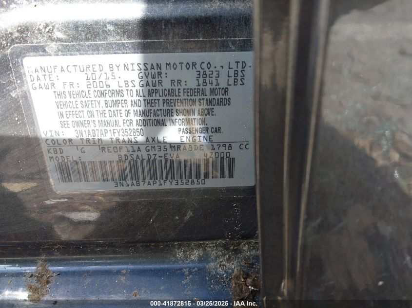 2015 Nissan Sentra Sv VIN: 3N1AB7AP1FY352850 Lot: 41872815