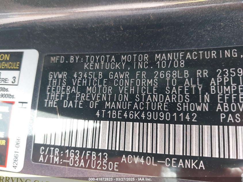 2009 TOYOTA CAMRY VIN: 4T1BE46K494901142