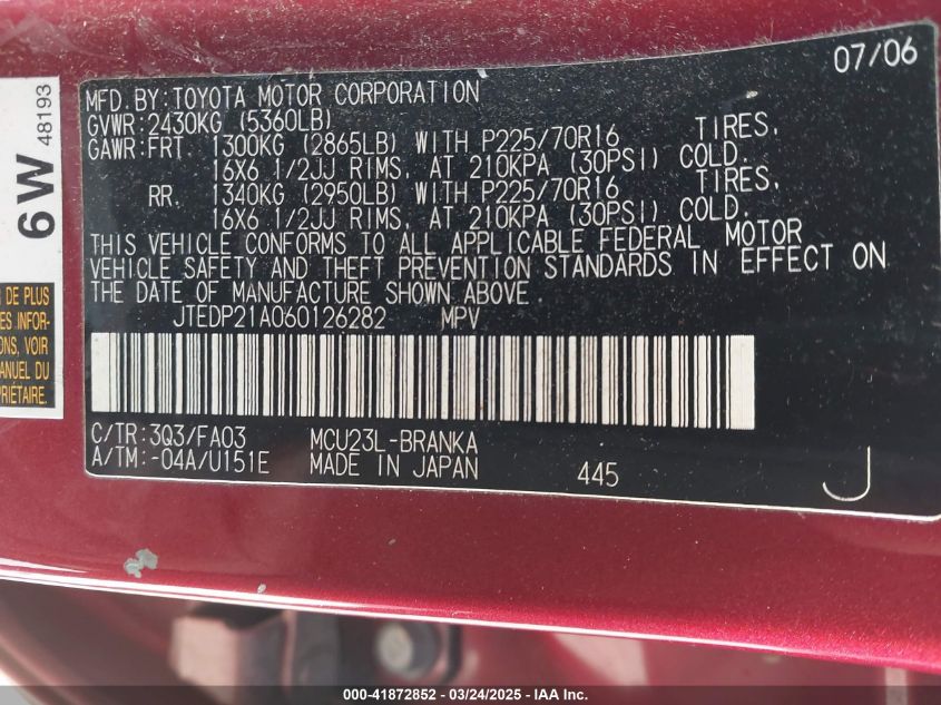 2006 Toyota Highlander V6 VIN: JTEDP21A060126282 Lot: 41872852