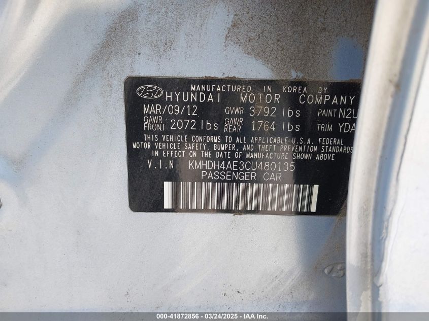 2012 Hyundai Elantra Limited (Ulsan Plant) VIN: KMHDH4AE3CU480135 Lot: 41872856