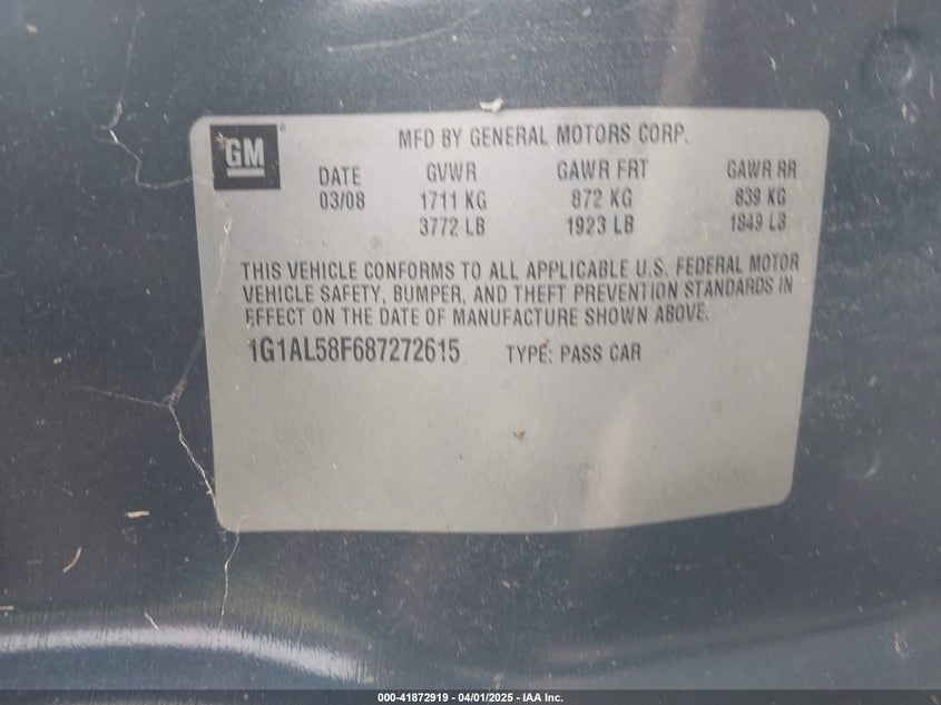 2008 CHEVROLET COBALT VIN: 1G1AL58F687272615
