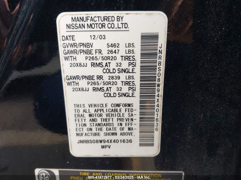 2004 Infiniti Fx45 VIN: JNRBS08W94X401636 Lot: 41872977