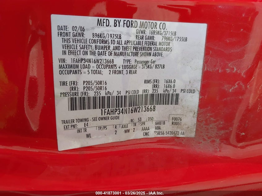 2006 FORD FOCUS VIN: 1FAHP34N16W213668