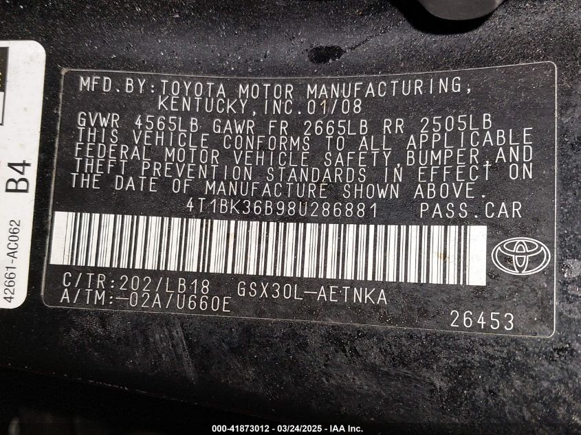 2008 Toyota Avalon Touring VIN: 4T1BK36B98U286881 Lot: 41873012