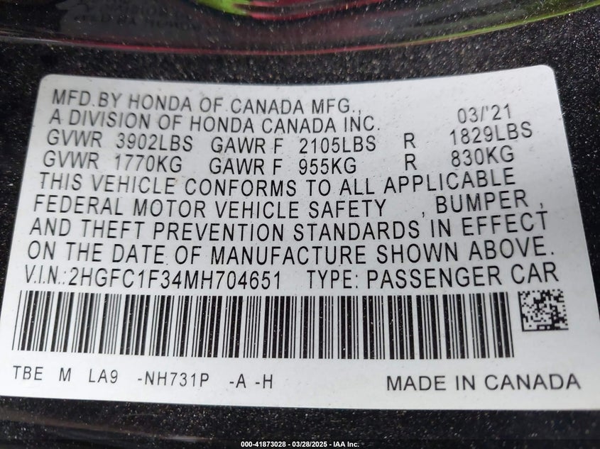 2021 HONDA CIVIC EX - 2HGFC1F34MH704651