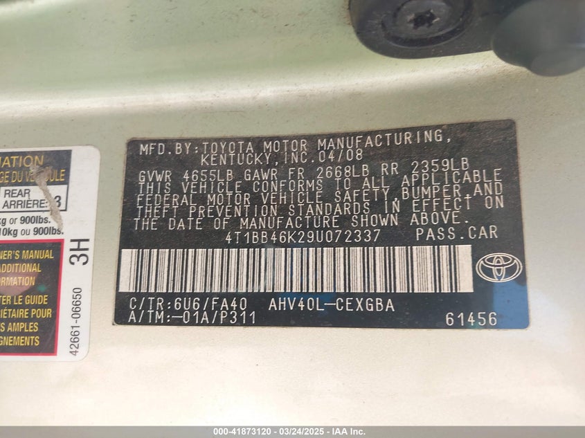 2009 TOYOTA CAMRY HYBRID VIN: 4T1BB46K29U072337