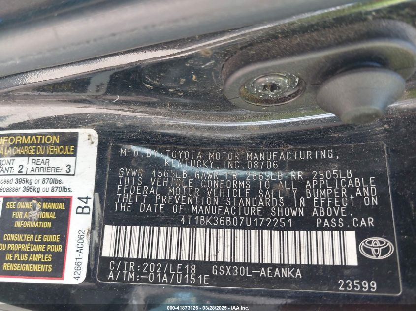2007 Toyota Avalon Touring VIN: 4T1BK36B07U172251 Lot: 41873126