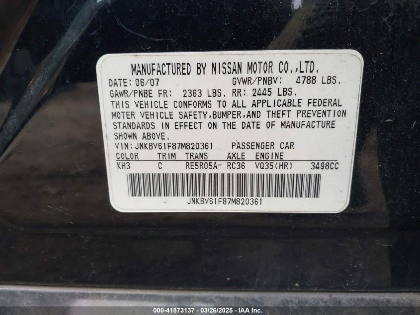 2007 Infiniti G35X VIN: JNKBV61F87M820361 Lot: 41873137