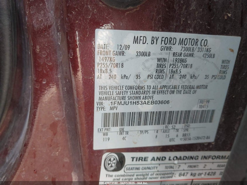 2010 FORD EXPEDITION VIN: 1FMJU1H53AEB03606