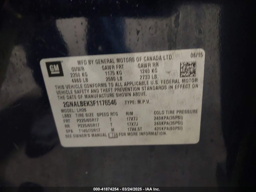 2015 CHEVROLET EQUINOX VIN: 2GNALBEK3F1176546