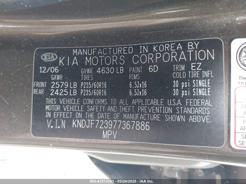 2007 KIA SPORTAGE VIN: KNDJF723977367886