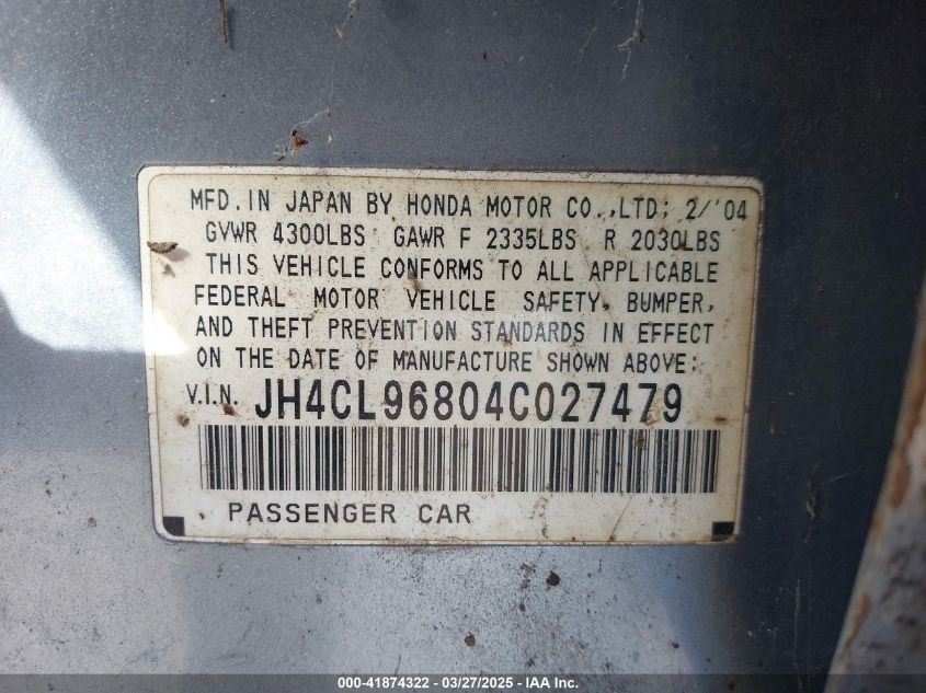 2004 Acura Tsx VIN: JH4CL96834C040601 Lot: 41874322