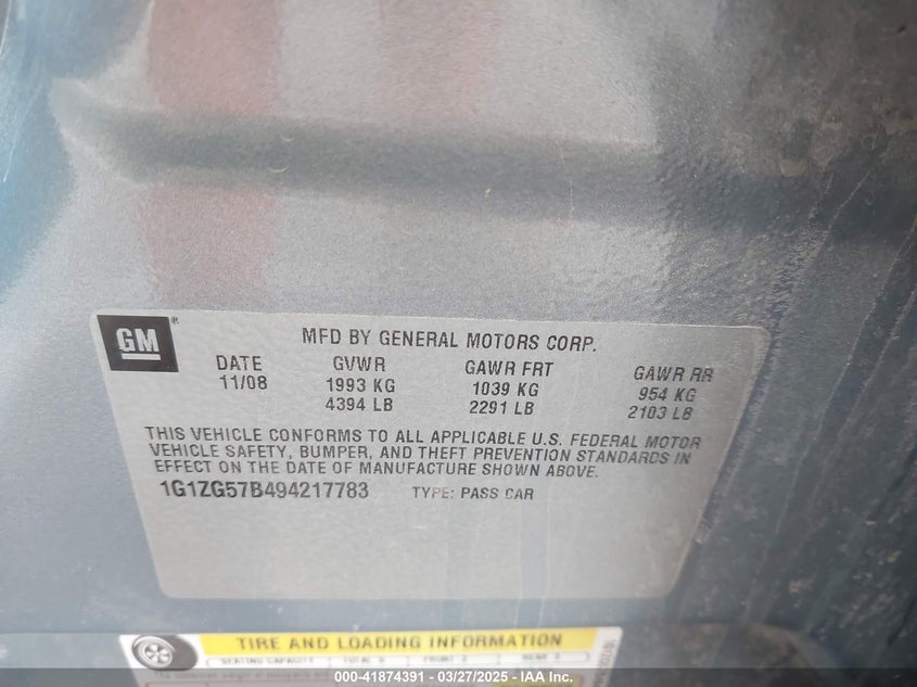 2009 CHEVROLET MALIBU VIN: 1G1ZG57B494217783