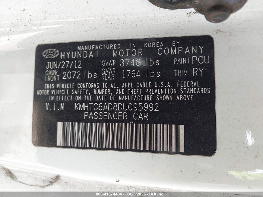 2013 Hyundai Veloster Base W/Gray VIN: KMHTC6AD8DU095992 Lot: 41874404