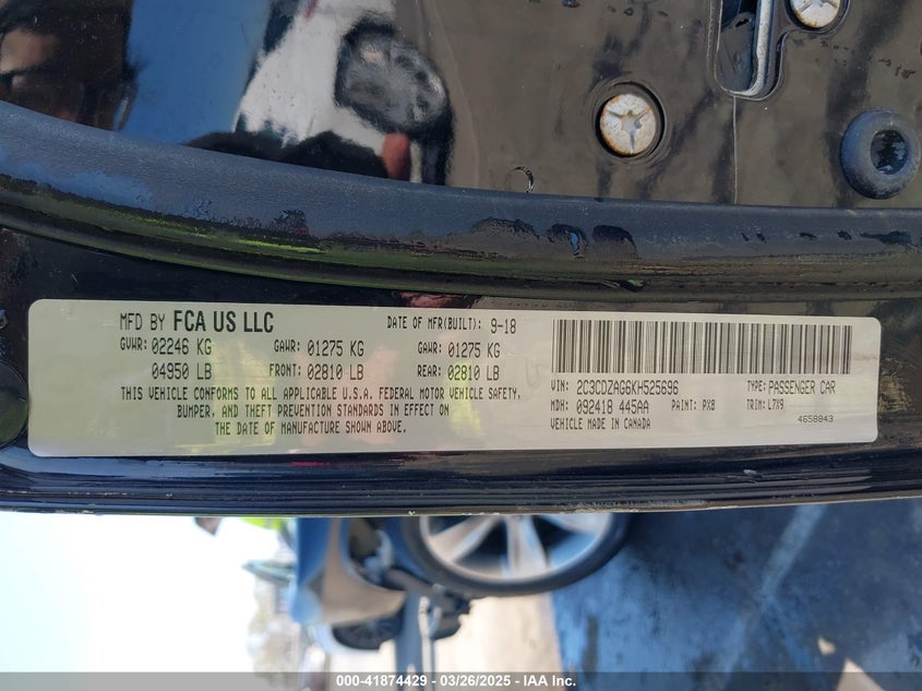 2019 DODGE CHALLENGER VIN: 2C3CDZAG6KH525696