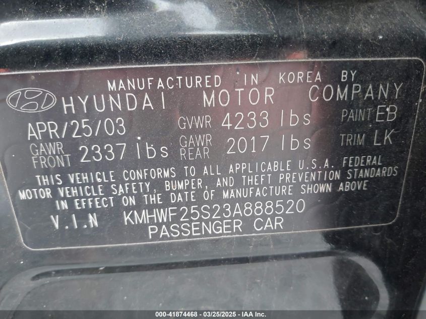 2003 Hyundai Sonata VIN: TGE7520KMHWF25S2 Lot: 41874468