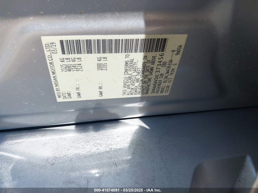 VIN 1N4AA6AV1KC373456 2019 NISSAN MAXIMA 3.5 SV