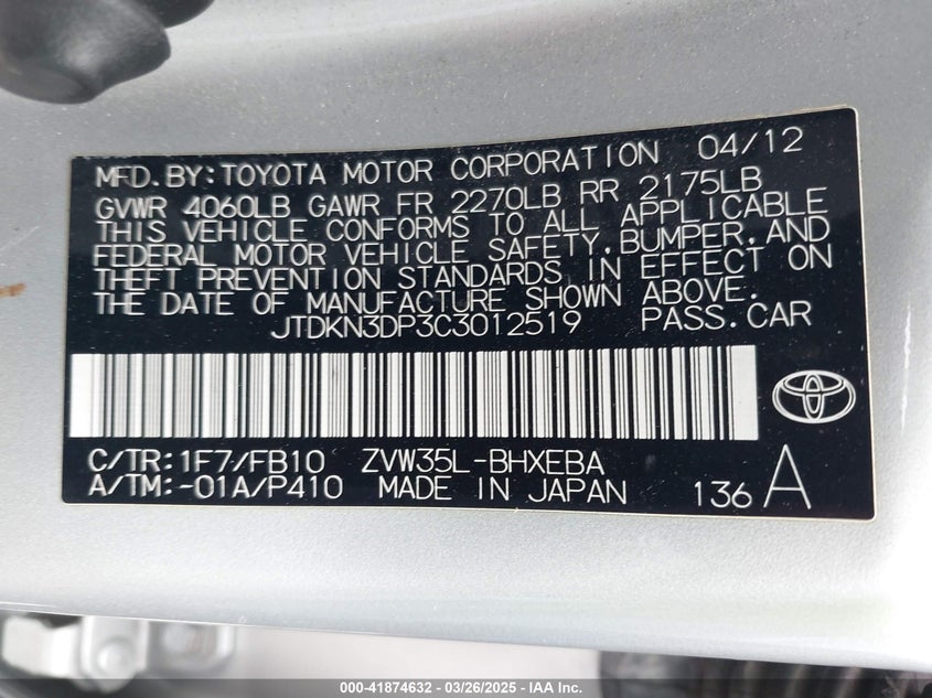 2012 TOYOTA PRIUS PLUG-IN VIN: JTDKN3DP3C3012519
