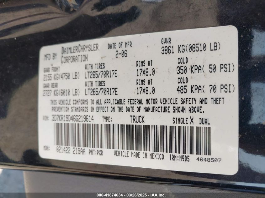 2006 Dodge Ram 1500 Slt VIN: 3D7KR19D46G219614 Lot: 41874634