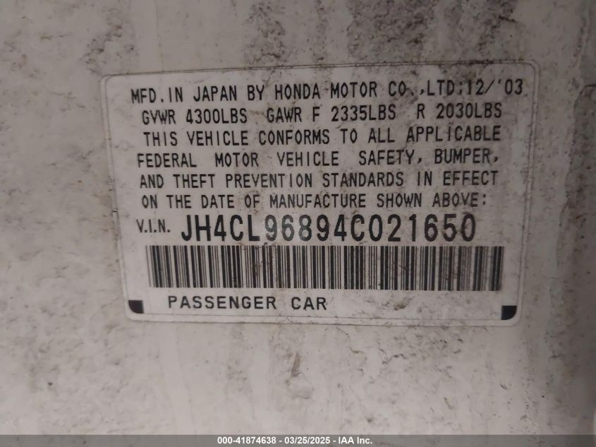 2004 Acura Tsx VIN: JH4CL96894C021650 Lot: 41874638