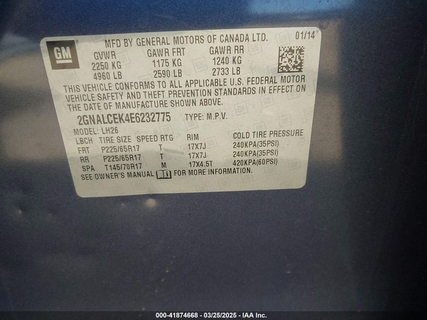 2014 CHEVROLET EQUINOX VIN: 2GNALCEK4E6232775