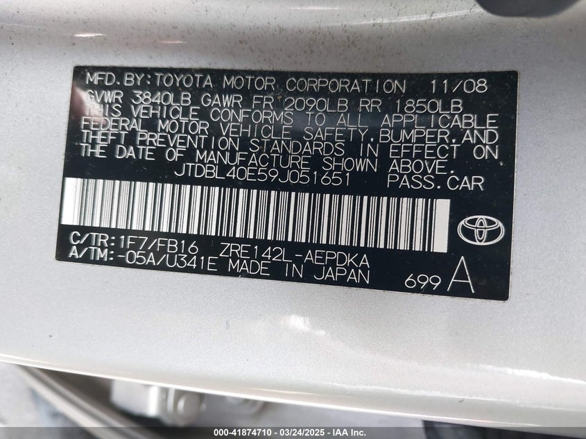 2009 TOYOTA COROLLA VIN: JTDBL40E59J051651