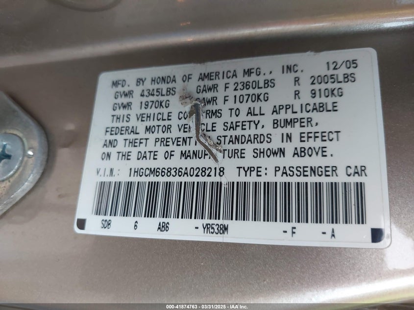 2006 HONDA ACCORD VIN: 1HGCM66836A028218