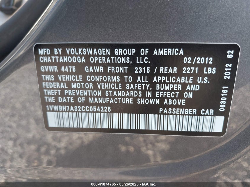 2012 VOLKSWAGEN PASSAT VIN: 1VWBH7A32CC054225