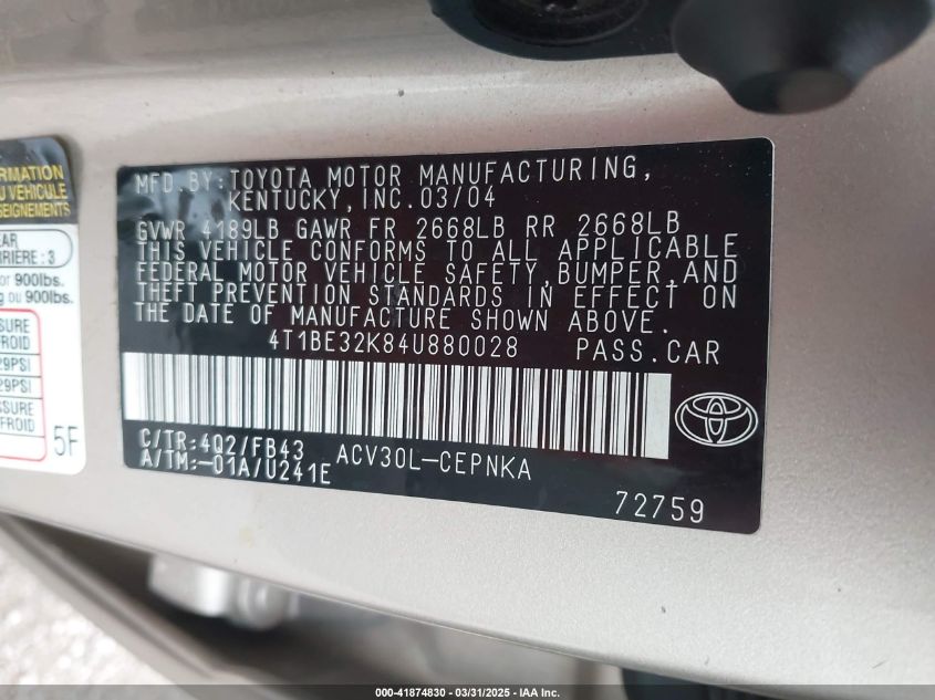 2004 Toyota Camry Le VIN: 4T1BE32K84U880028 Lot: 41874830