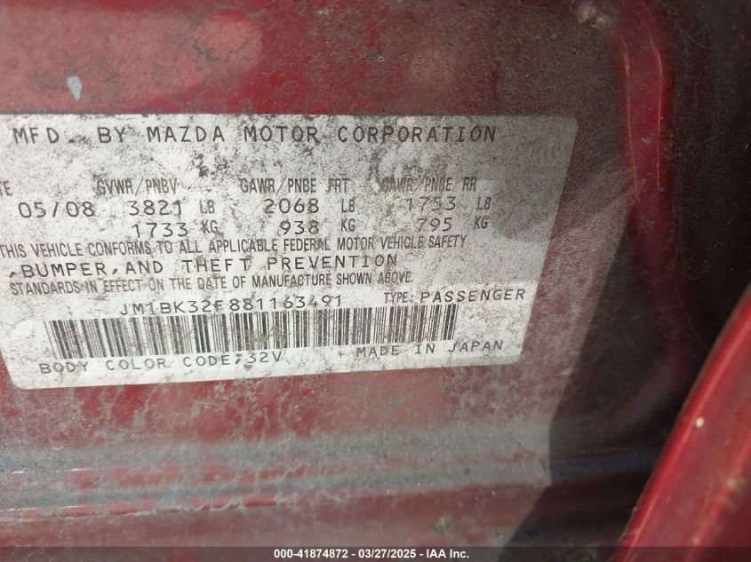 2008 Mazda Mazda3 I Touring Value VIN: JM1BK32F881163491 Lot: 41874872