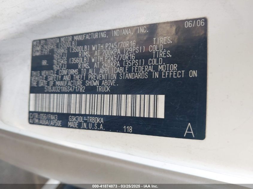 2006 Toyota Tundra VIN: 5TBJU321X6S471782 Lot: 41874873